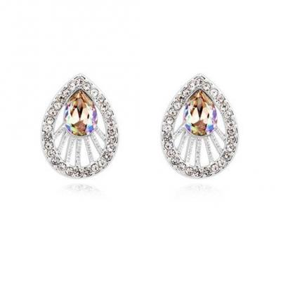 Silver Tone Daffodil Peacock Pear Shaped Crystal Earrings.JPG